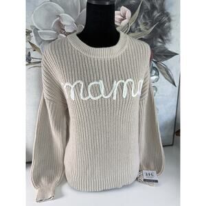 Haute Hippie Chunky-Knit Embroidered Pullover Sweater Beige Crew Neck S